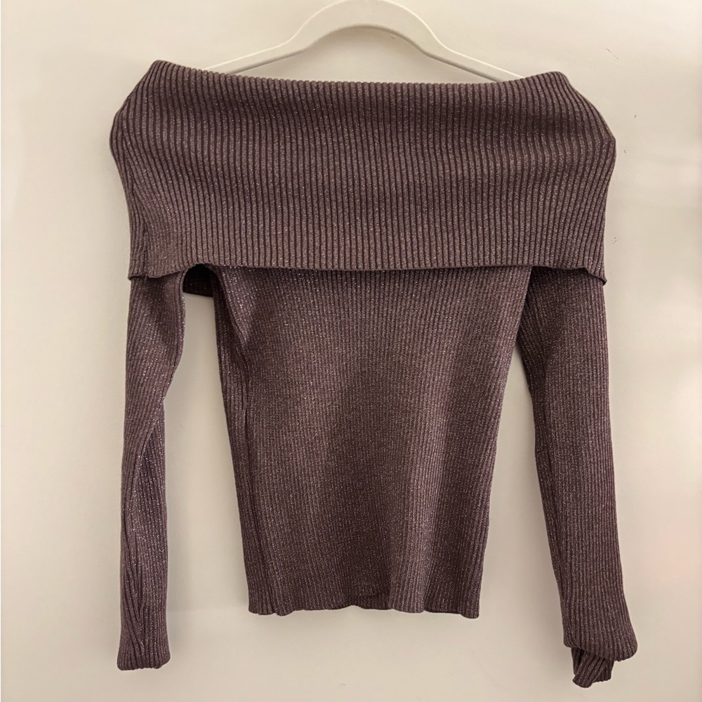 Off-Shoulder Ribbed Sweater - Brown